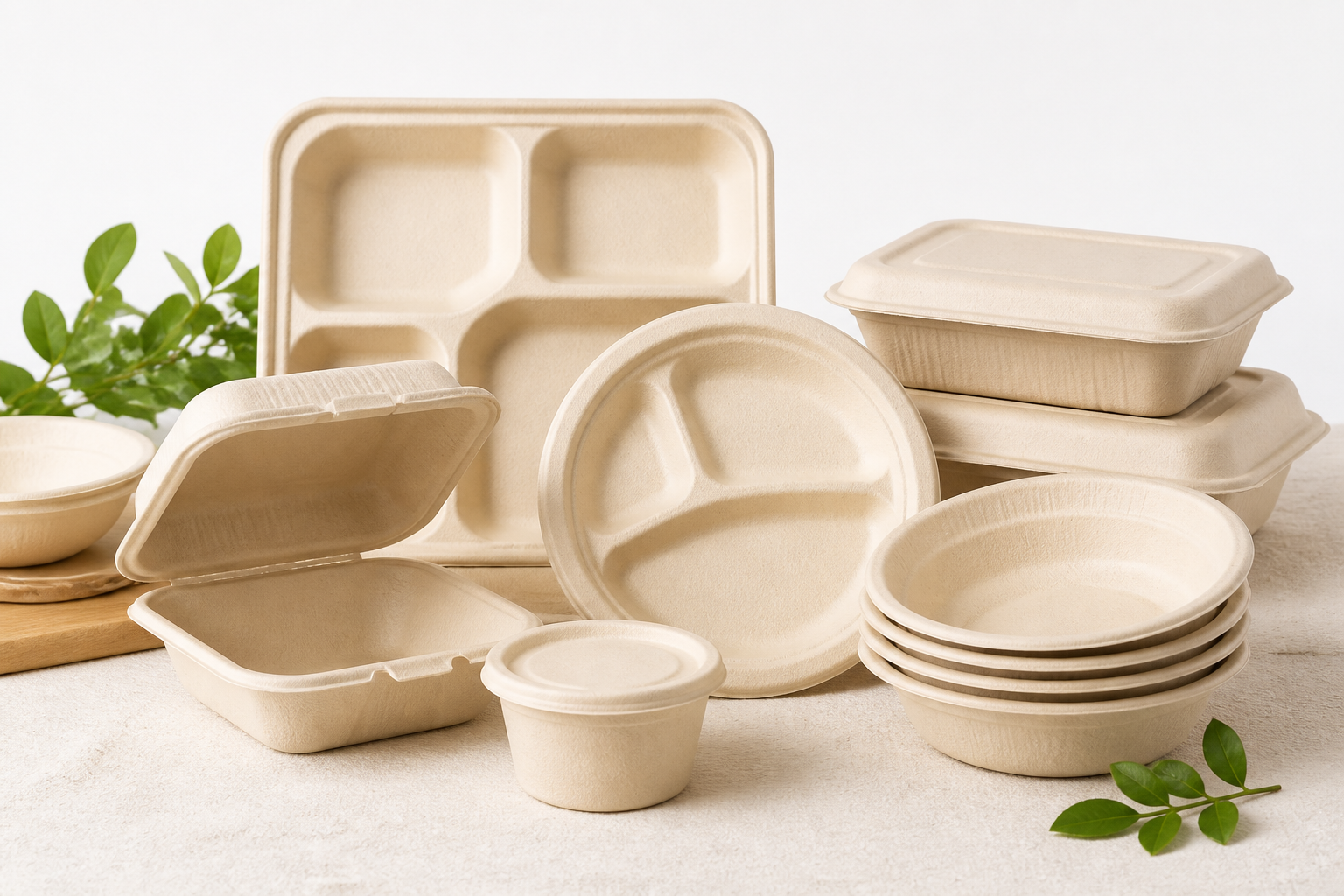 Natural color sugarcane bagasse plates bowls cups trays and food containers