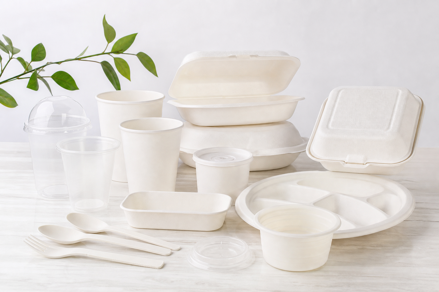 White cornstarch PLA cups bowls plates trays cutlery and takeaway containers