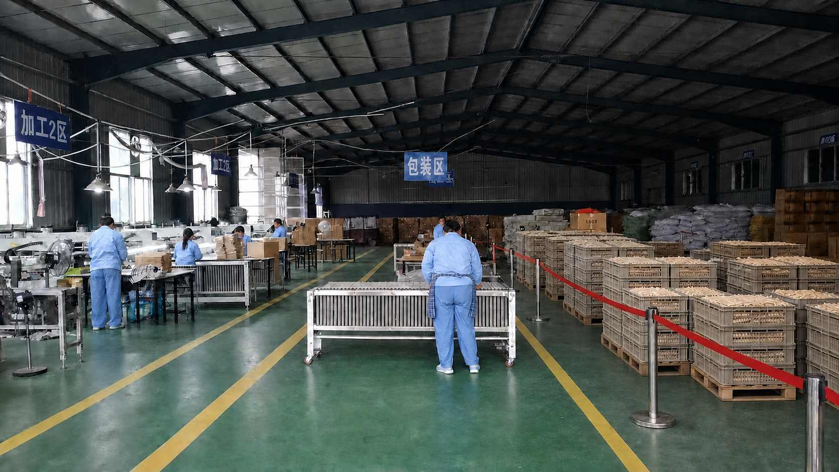 Organized Risheng wooden cutlery workshop with light sky-blue workwear and semi-finished inventory