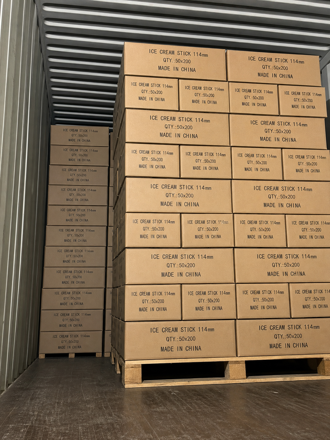 Neatly stacked export cartons for wooden ice cream sticks