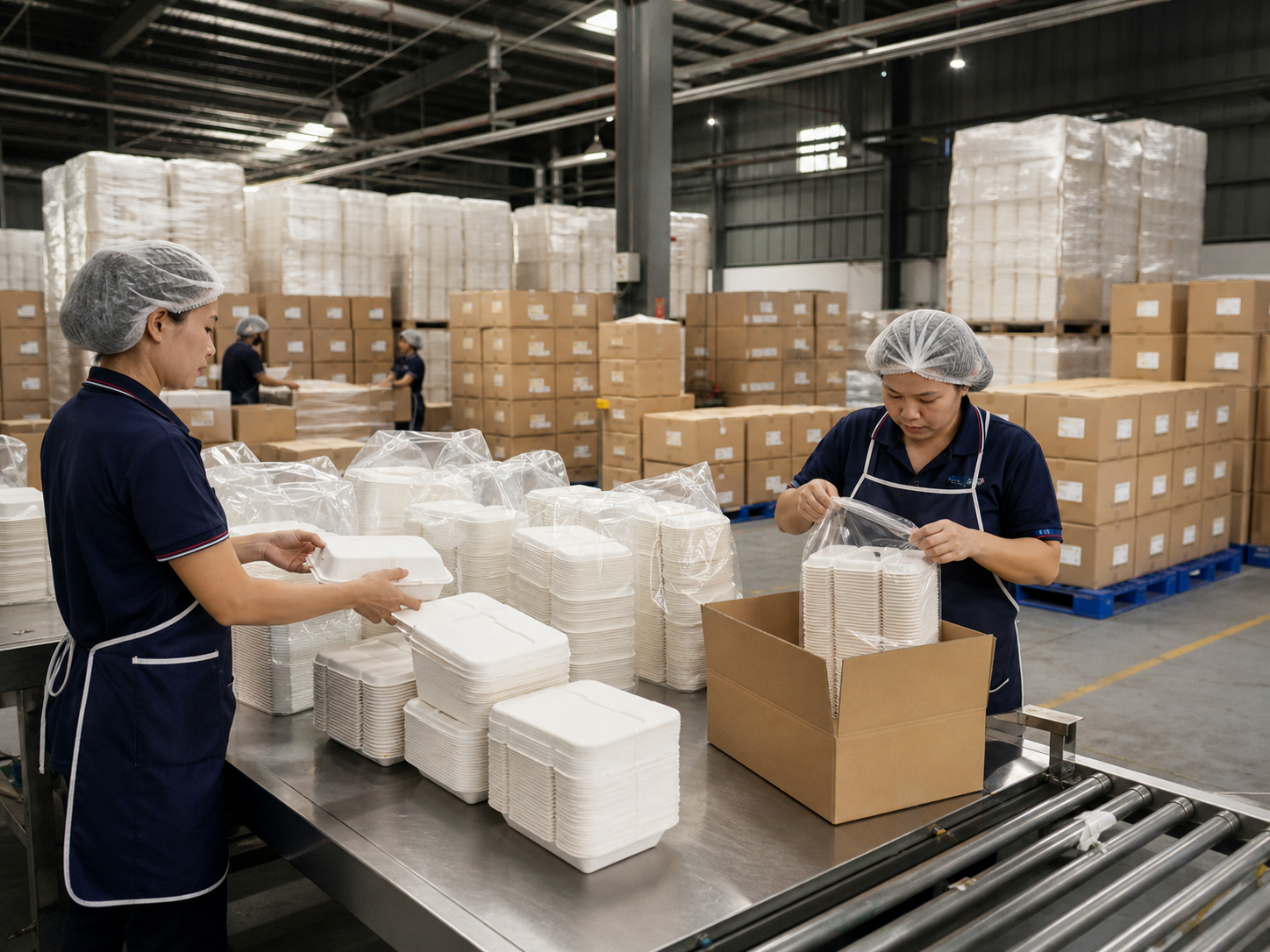 Workers packing white takeaway containers in a finished-goods warehouse