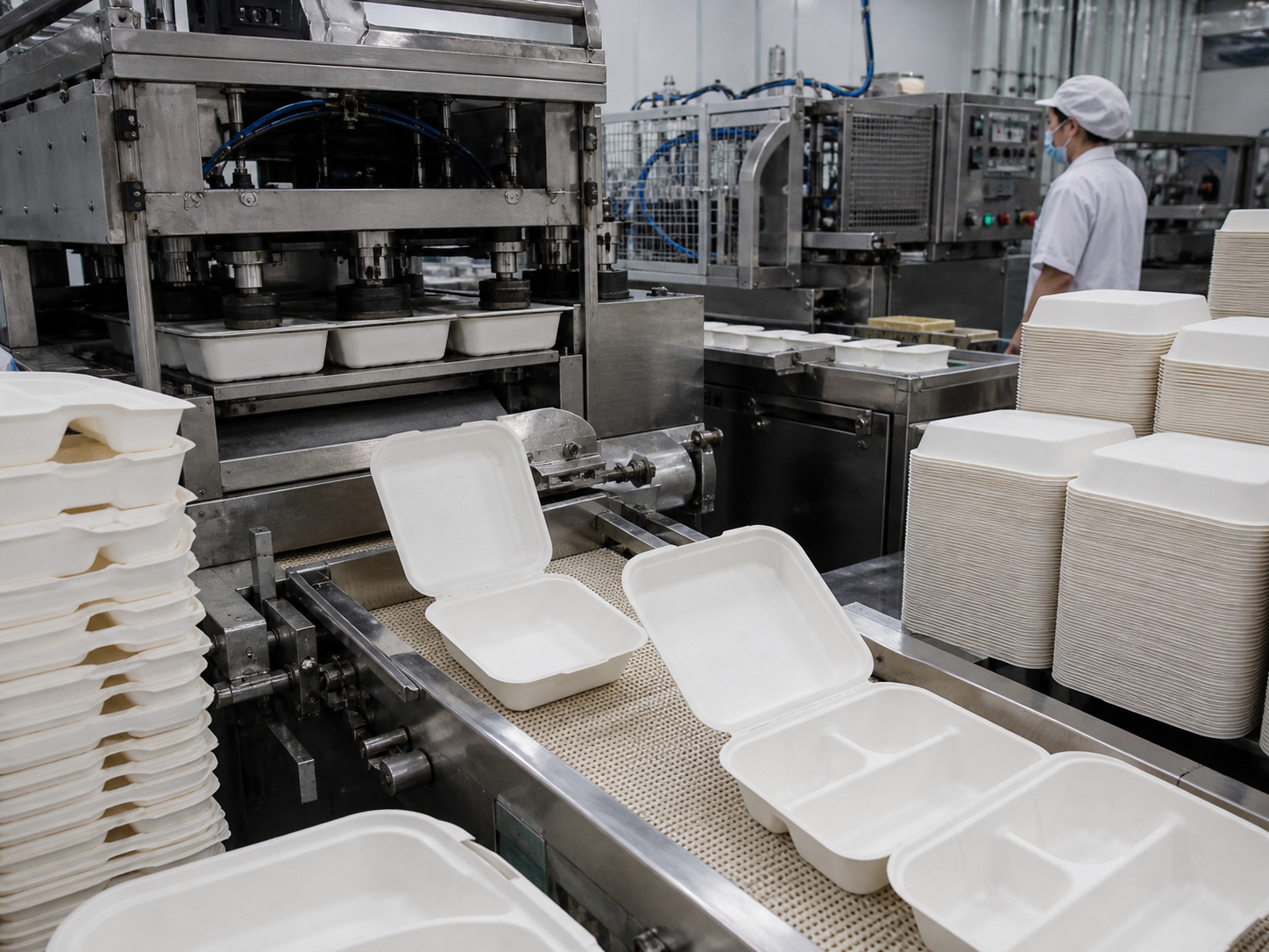 White bagasse takeaway boxes moving through a molded-fiber production line