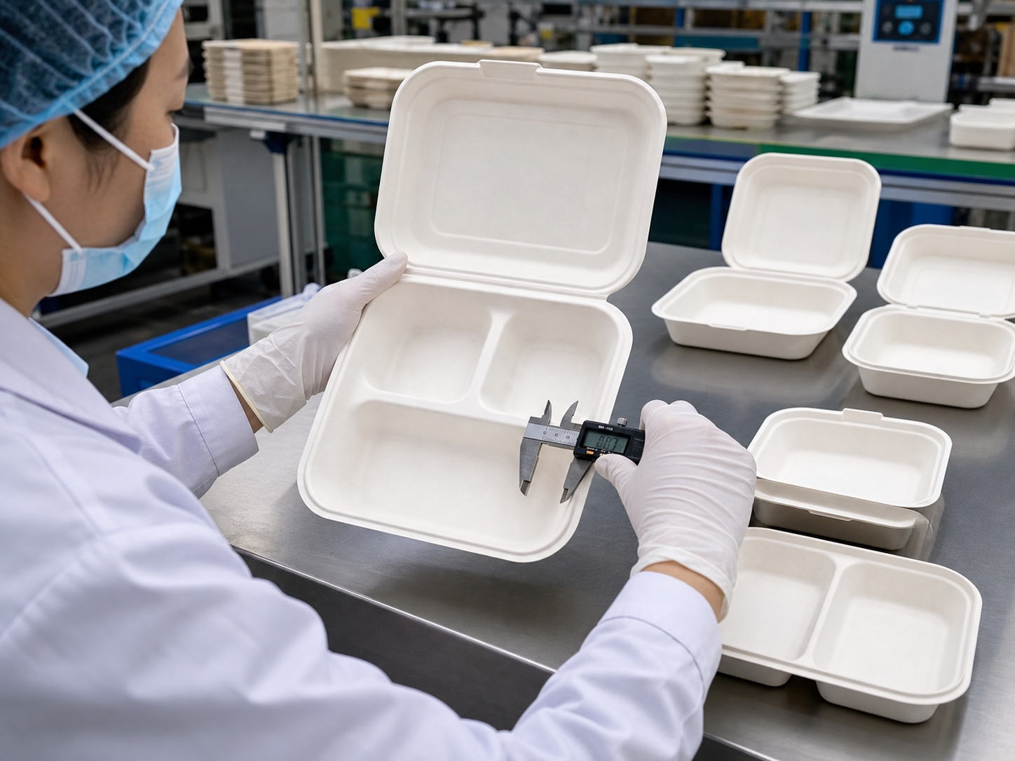Inspector checking the dimensions and lid fit of white compartment takeaway boxes