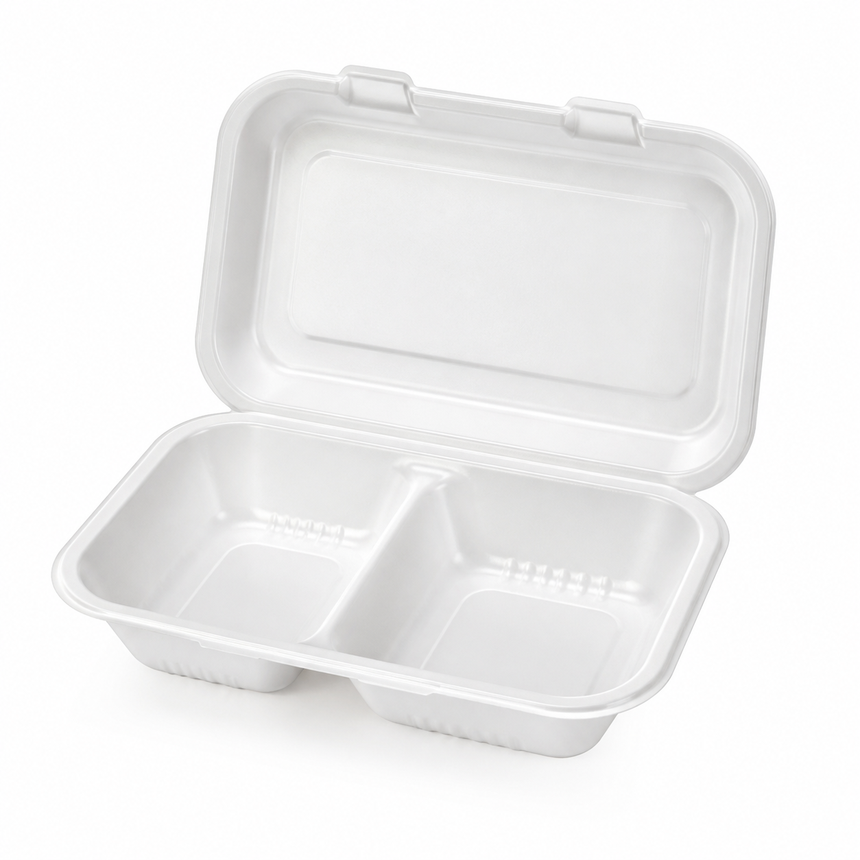 Smooth white 2-compartment cornstarch and PLA takeaway box