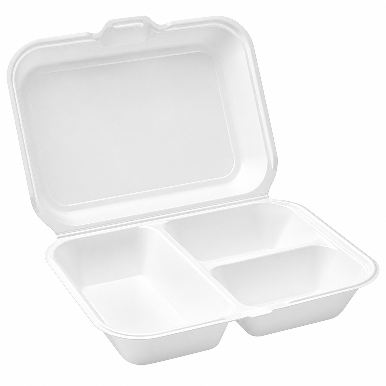 Smooth white 3-compartment cornstarch and PLA takeaway box