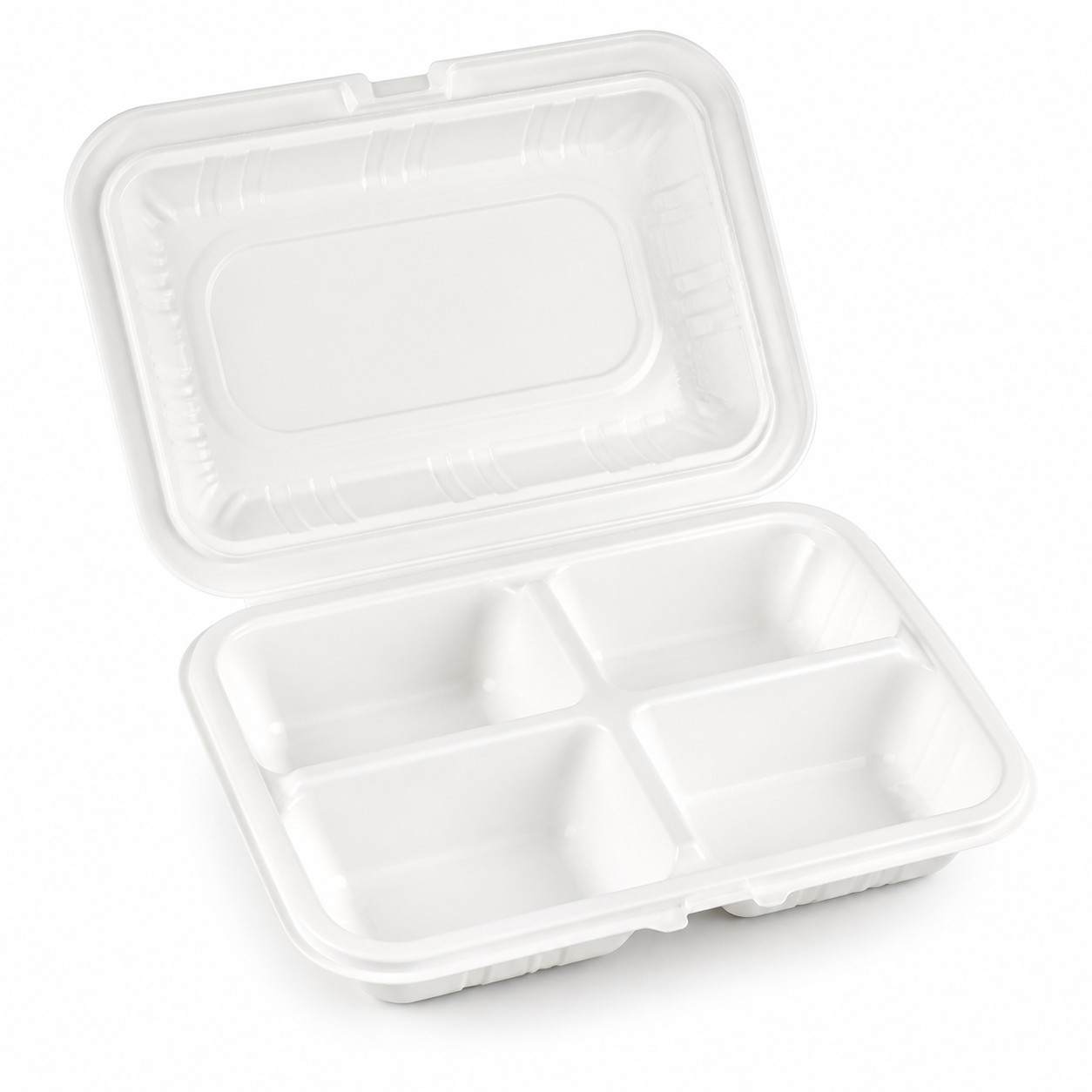 Smooth white 4-compartment cornstarch and PLA takeaway box