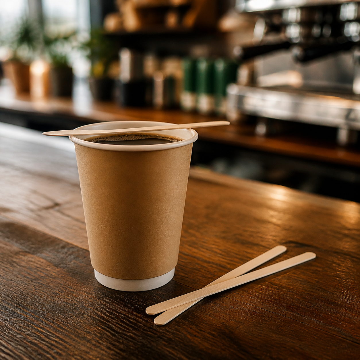 Birch wooden coffee stirrers with a takeaway coffee cup on a real café counter