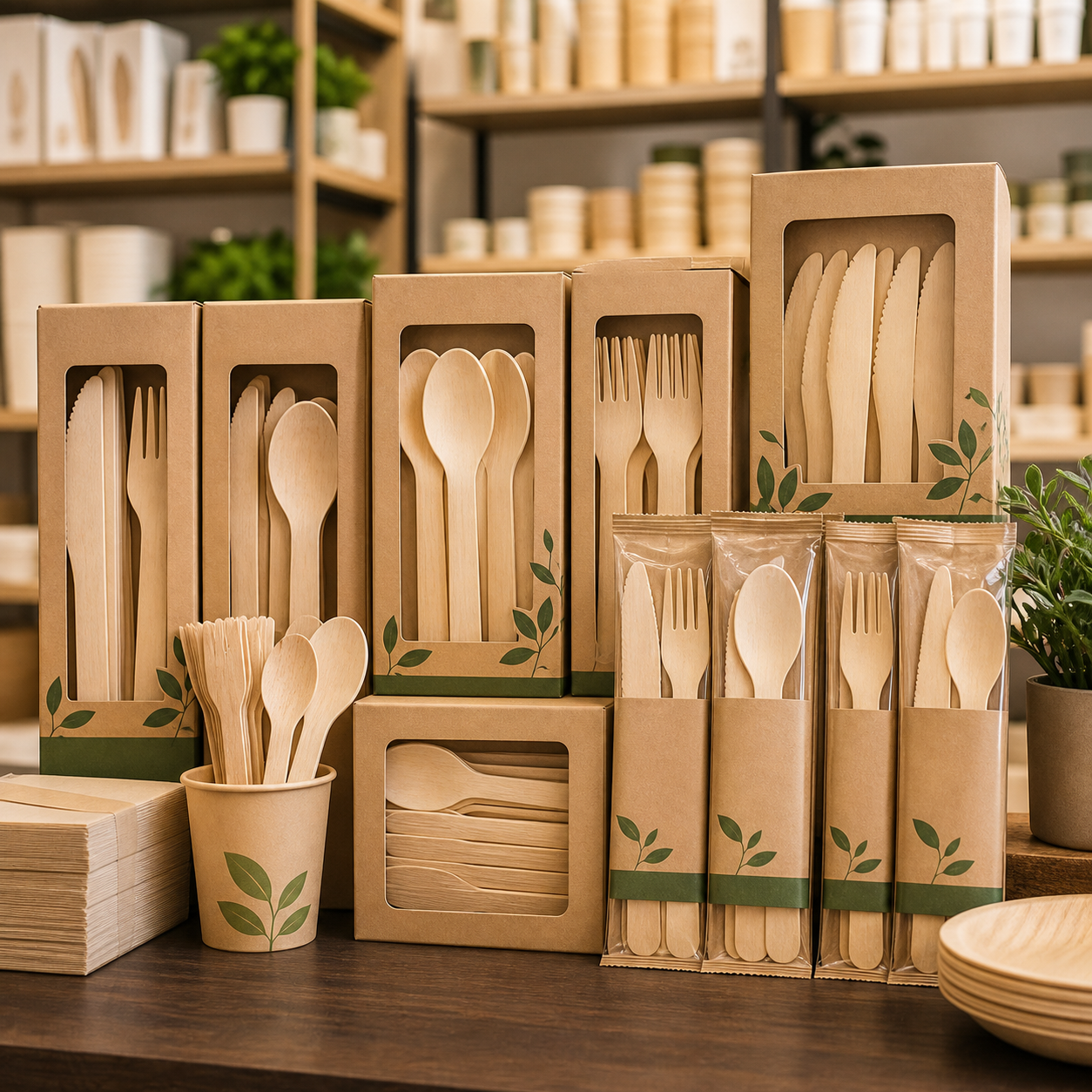 Premium retail display of private-label birch wooden cutlery packaging