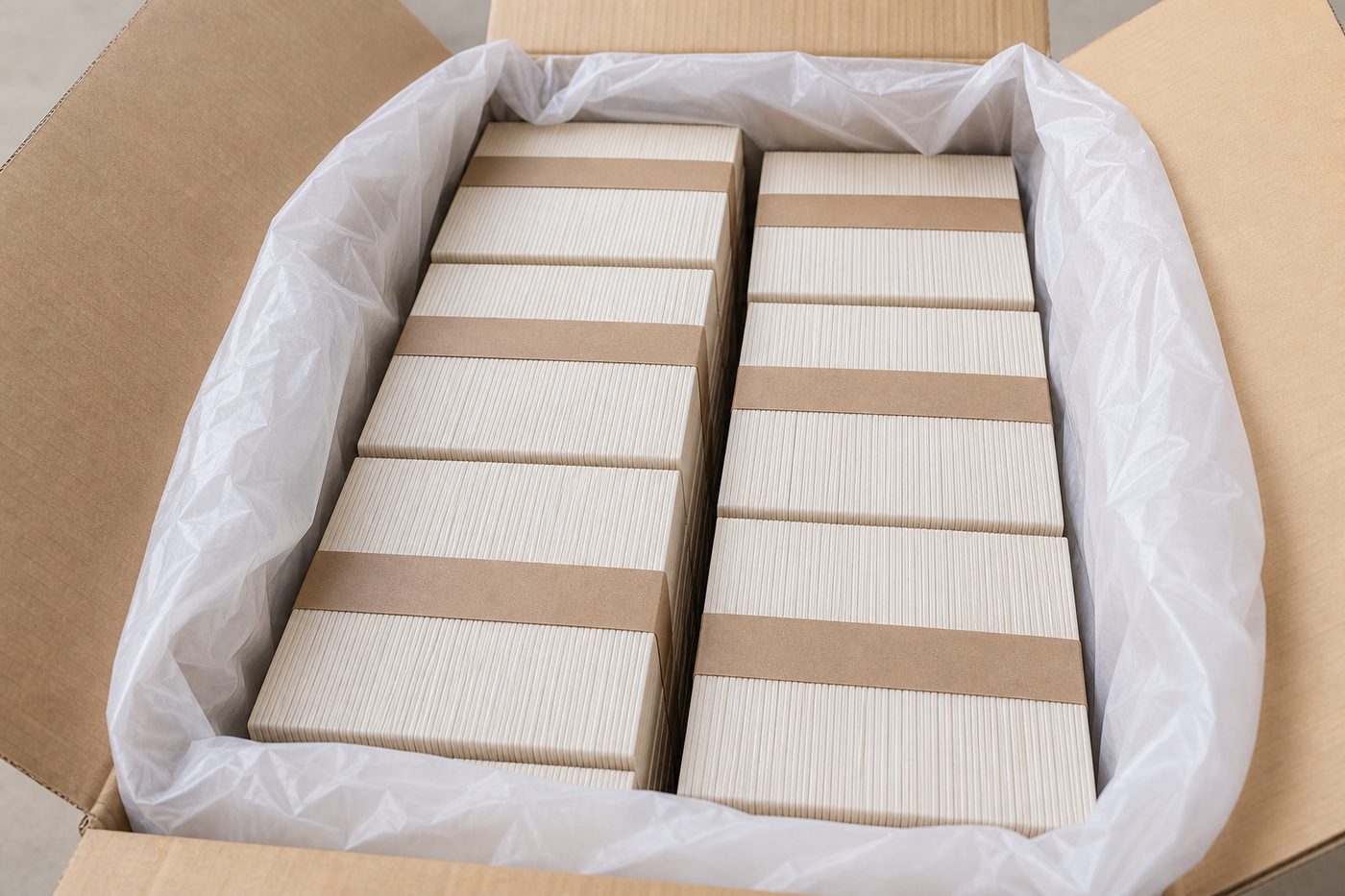 Neatly bundled birch wooden products inside a lined export carton