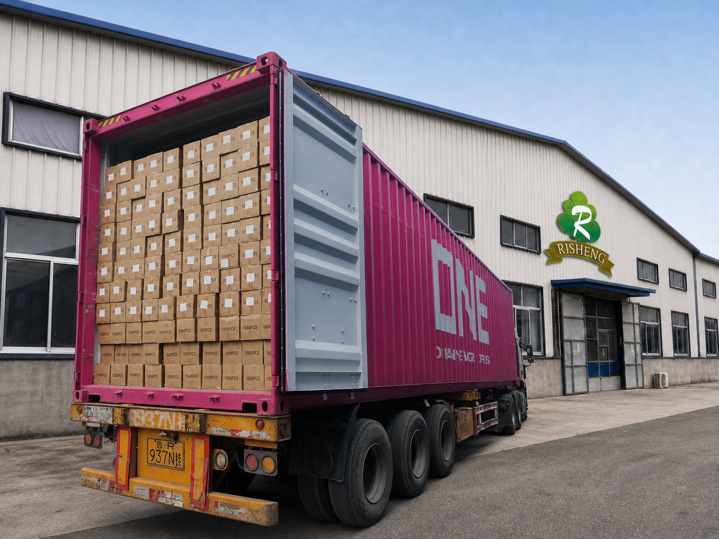 Fully loaded export container truck outside the Risheng factory