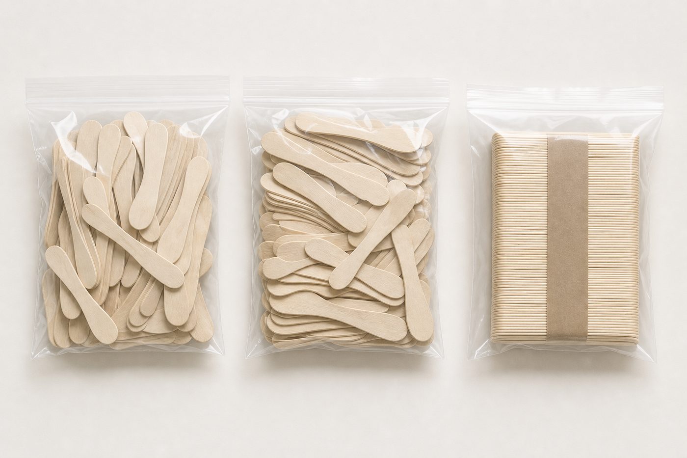 Birch wooden product samples prepared in resealable bags