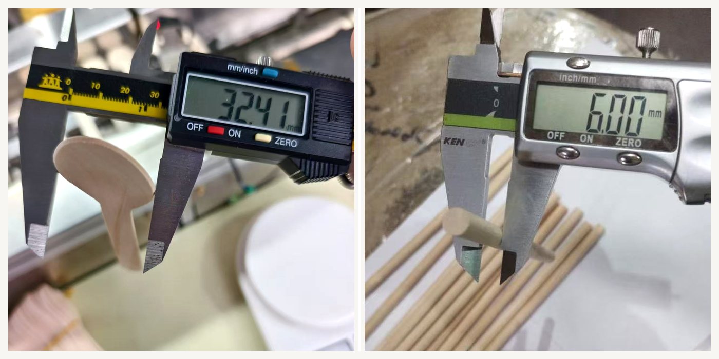 Digital calipers checking wooden spoon and cylindrical stick dimensions