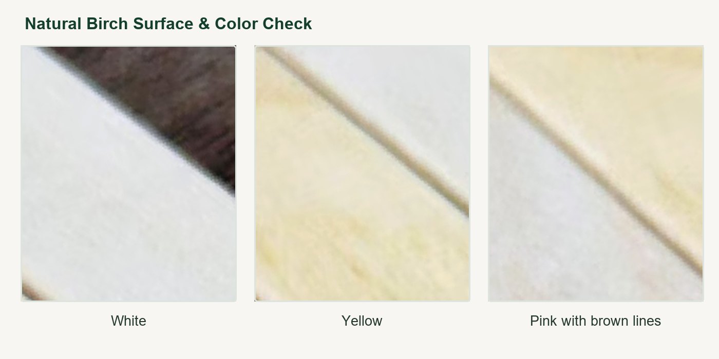 Natural birch surface color comparison in white yellow and pink tones